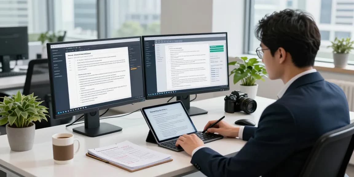 Professional analyzing document fraud detection tools with screens displaying data in a modern office environment.