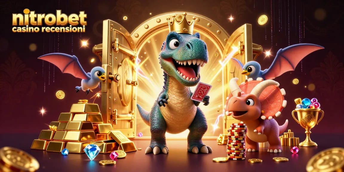 Gioca a recensioni di NitroBet Casino con un T-Rex che gioca a carte e un triceratopo che impila fiches d'oro.