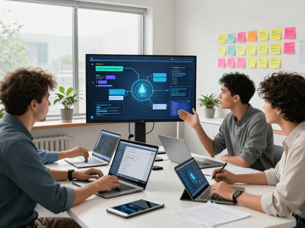 Engaging team collaboration on juicy chat ai development with dynamic discussions in a modern tech workspace.