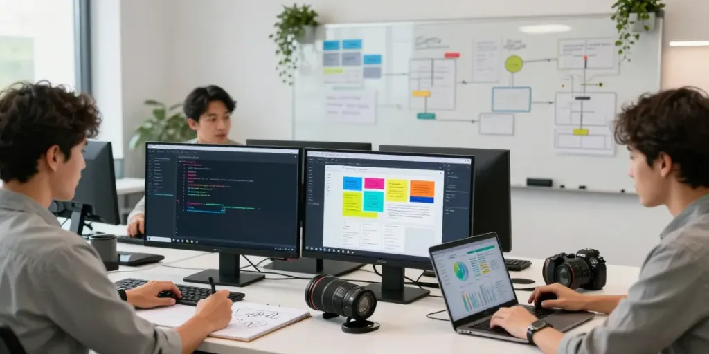 Collaborative team working on rokok88 web development project in a modern office.