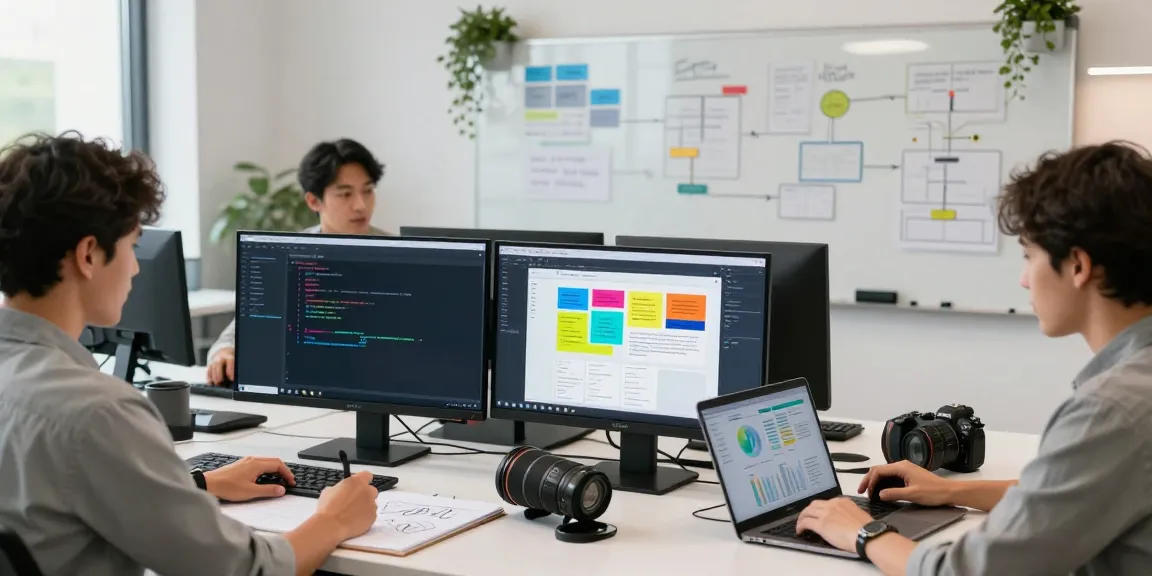 Collaborative team working on rokok88 web development project in a modern office.