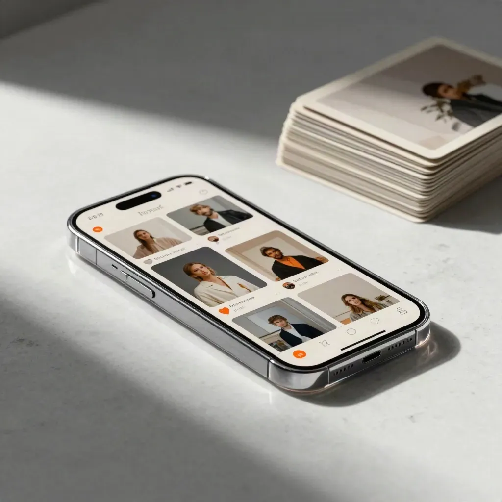 Card social quadrate in movimento con telaio smartphone e campioni grafici su travertino chiaro