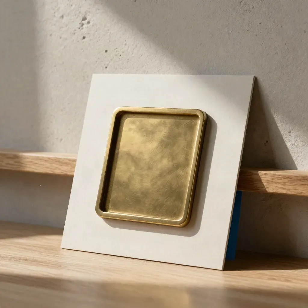 Logo in cartoncino die-cut, piastra embossing e sleeve neutro in studio materico con luce calda.