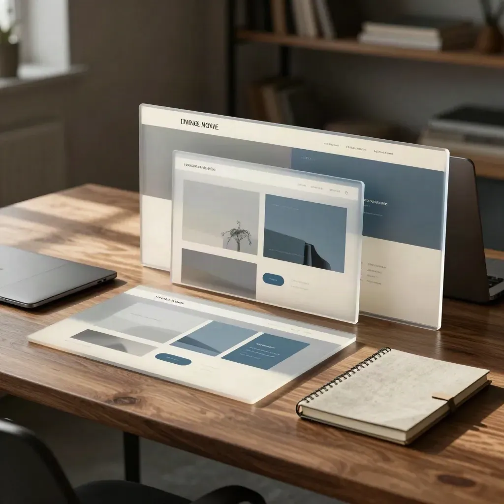 Mockup fisico di sito web con tre pannelli astratti su tavolo in legno caldo.