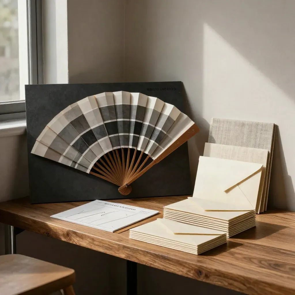 Tavola identità di marca con swatch, buste sigillate e cartoline rigide in studio caldo.