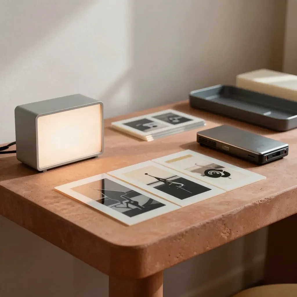 Frame in acetato, lightbox e drive esterno su base terracotta, con luce naturale calda.