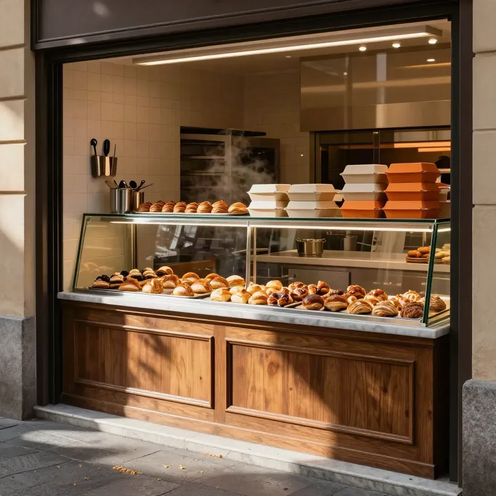 Bakery torinese vuota con banco in legno e pietra, vassoi di dolci e scatole take-away arancio.