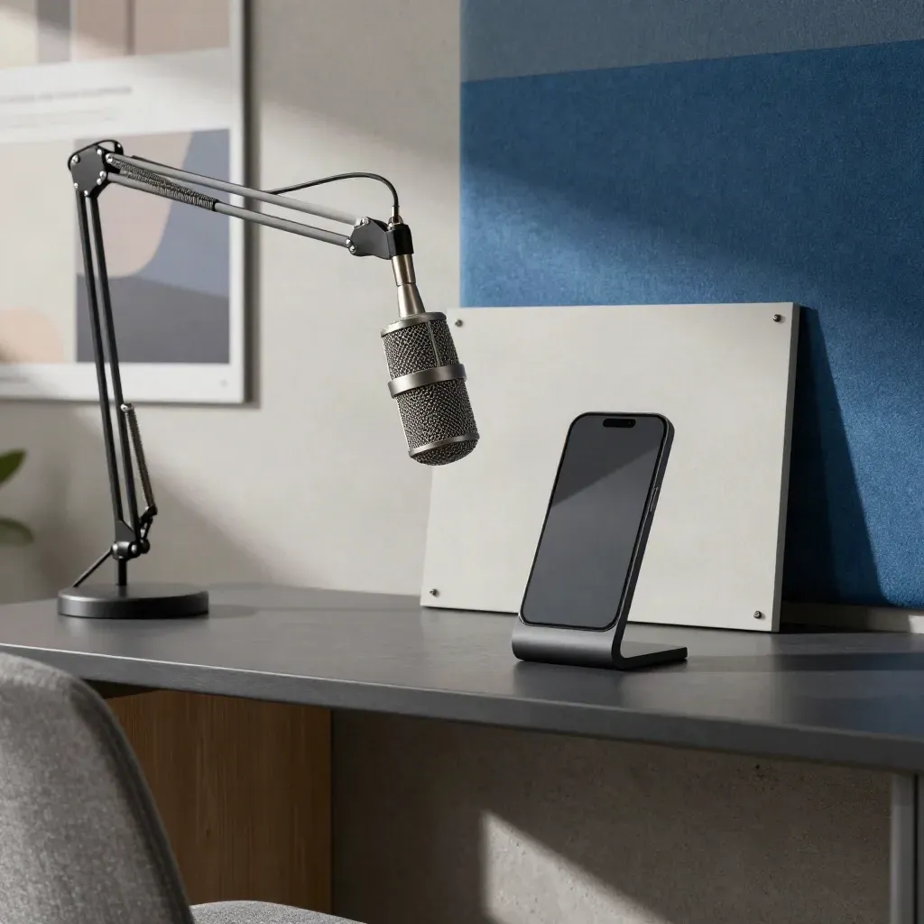 Studio romano essenziale con microfono, desk minimale e pannelli per contenuti in toni neutri.