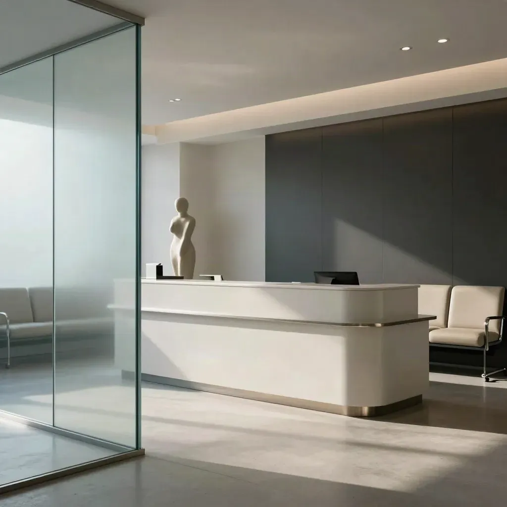 Reception di studio medico restyling con vetro satinato, sedute chiare e totem accoglienza.