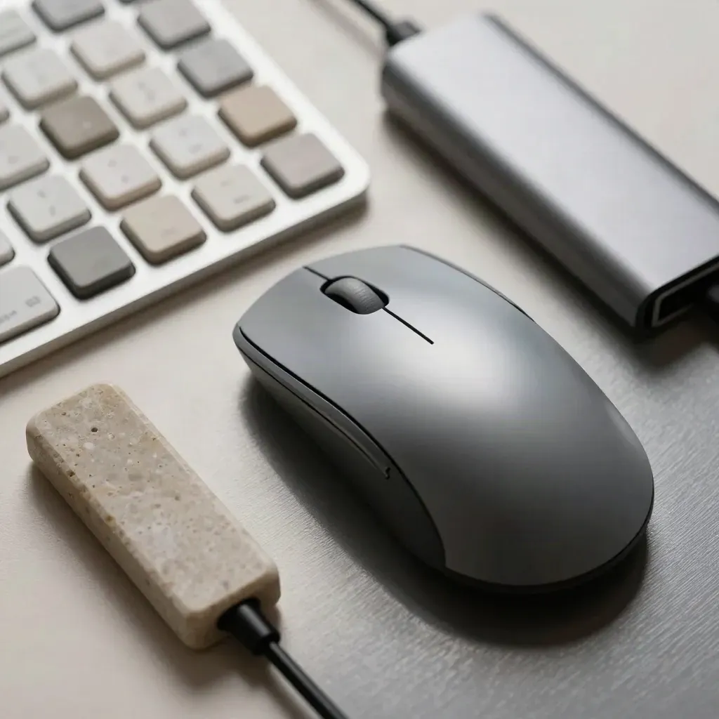 Mouse metallico, barra tastiera in alluminio, chip colore e hub su superficie grafite.