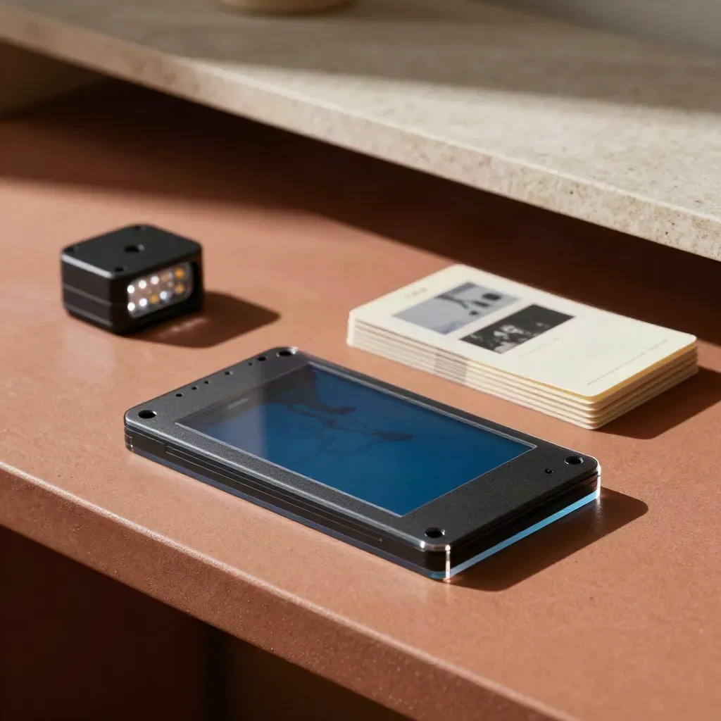 Still life di motion design con lastre in acetato, SSD nero e card sovrapposte su base terracotta.