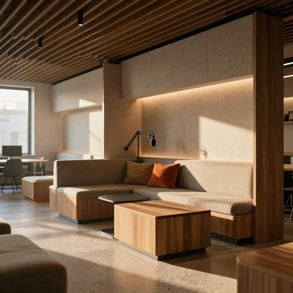 Coworking di Bologna pronto al lancio, con lounge, nicchia podcast e luce calda del pomeriggio.