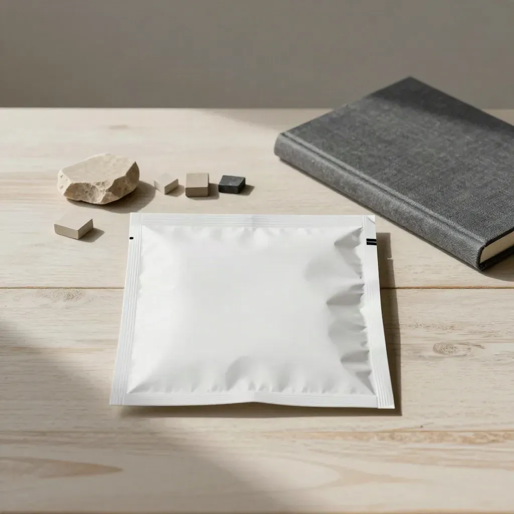 Busta brief sigillata, notebook chiuso, chip colore e campione pietra su legno chiaro