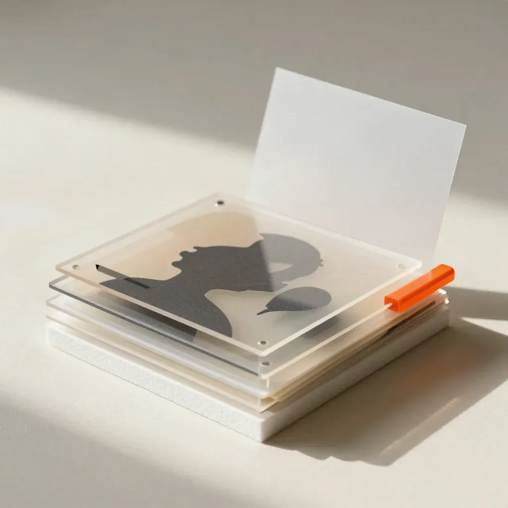 Bozza visiva con overlay trasparenti, foam core e matita grafite su fondo avorio.