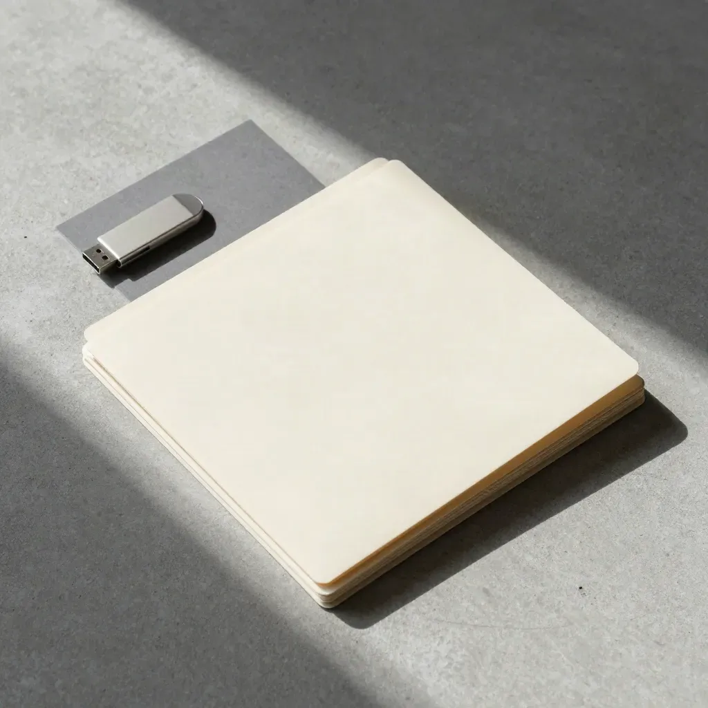 Flatlay dall’alto con cartella archivio, chiavetta USB e sleeve pronti alla consegna.