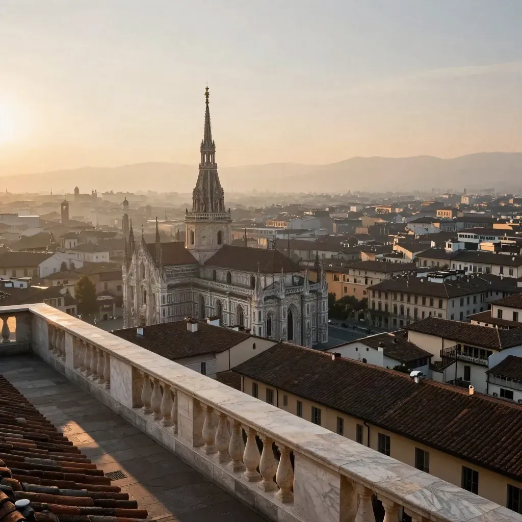 Terrazza alta su Milano con il Duomo tra foschia calda e tetti al tramonto