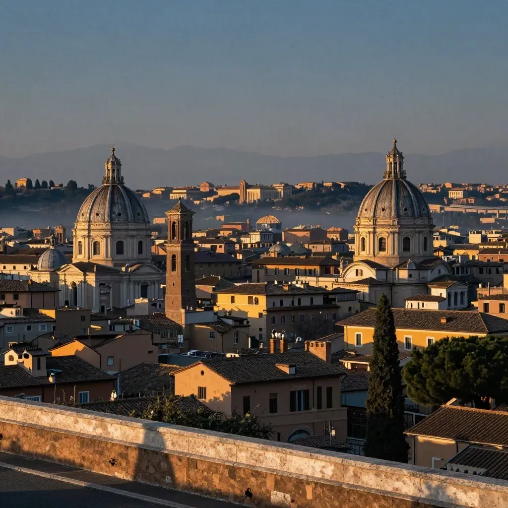 Roma al tramonto vista dall’alto, cupole e tetti immersi in foschia dorata