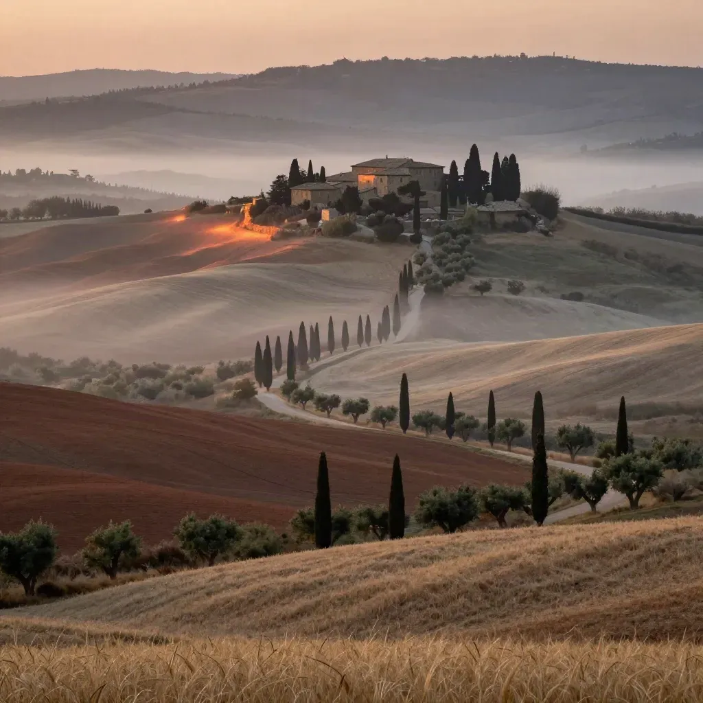 Colline toscane all’alba con cipressi, borgo sul crinale e foschia morbida.