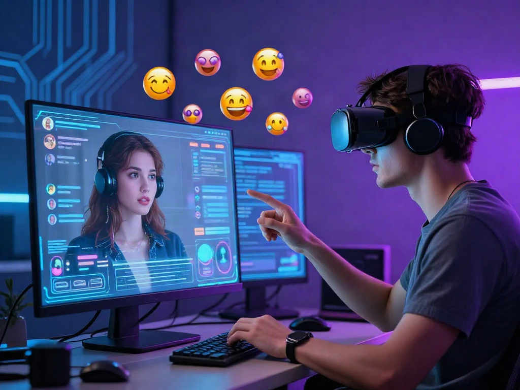 Engaging porn chat AI interaction with avatars in a futuristic chat environment.
