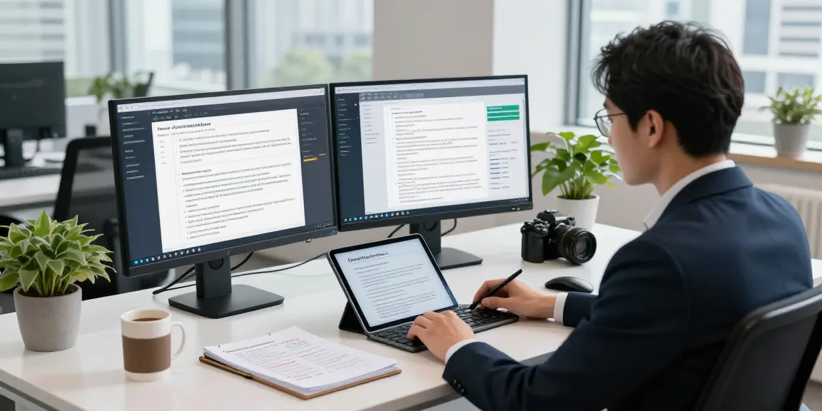 Professional analyzing document fraud detection tools with screens displaying data in a modern office environment.