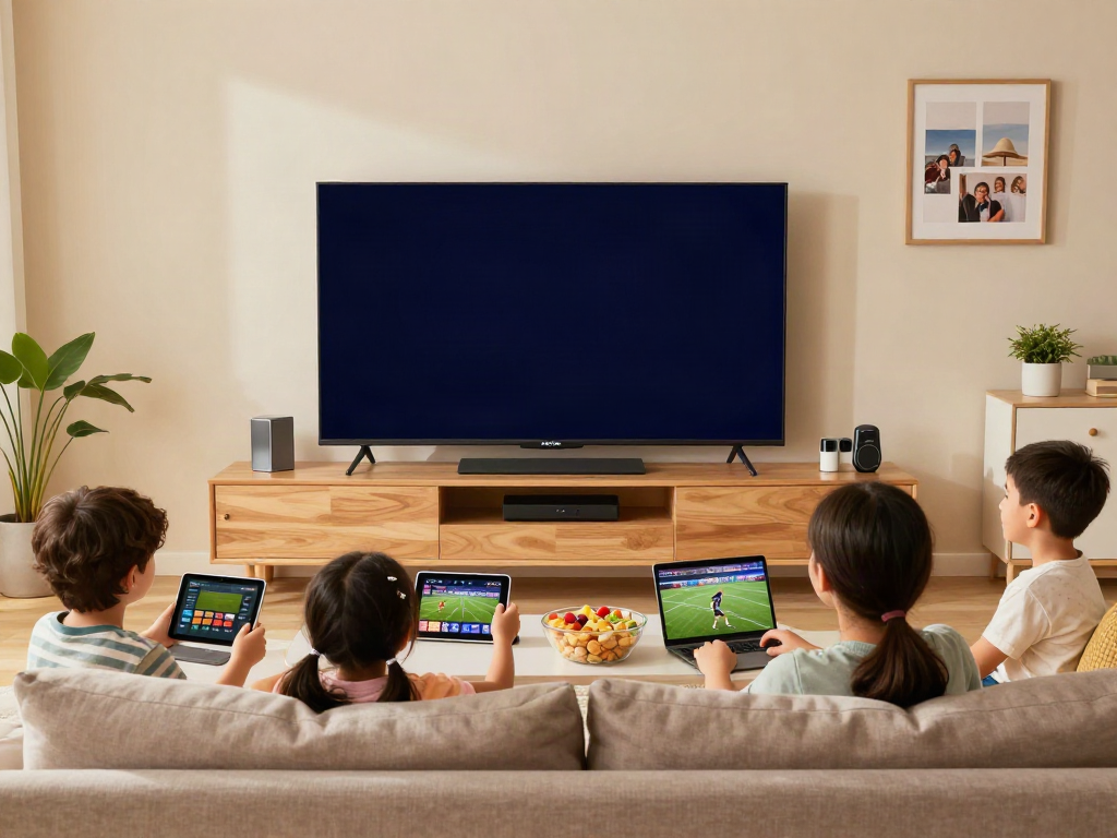 Family enjoying abbonamento IPTV in a cozy living room with 4K screen