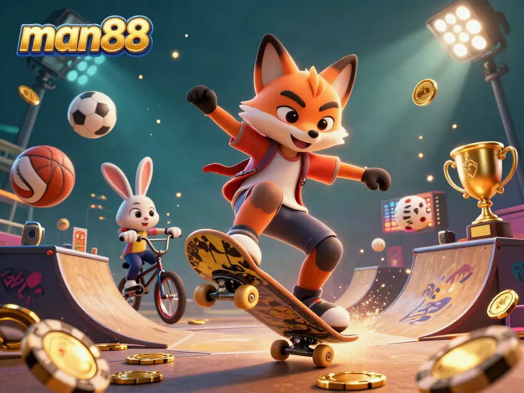 Experience the thrill at man88 with cartoon characters in a dynamic gambling scene filled with sports and casino elements.