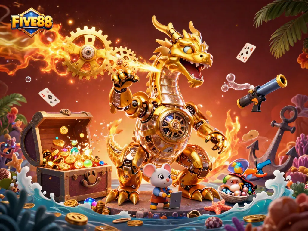 Experience gaming at FIVE88 with an engaging scene featuring a mechanical dragon and vibrant treasures.